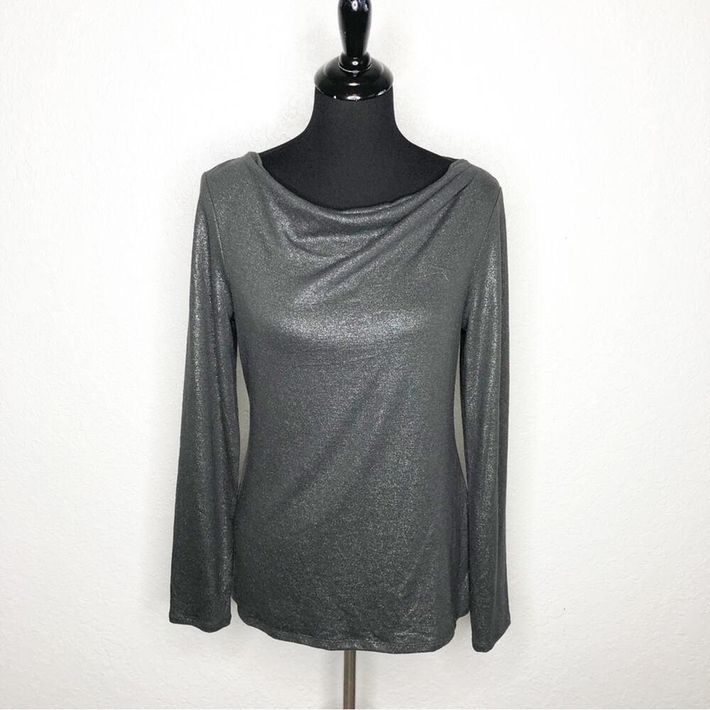 WHBM black silver metallic drape neck knit top size Small NWT